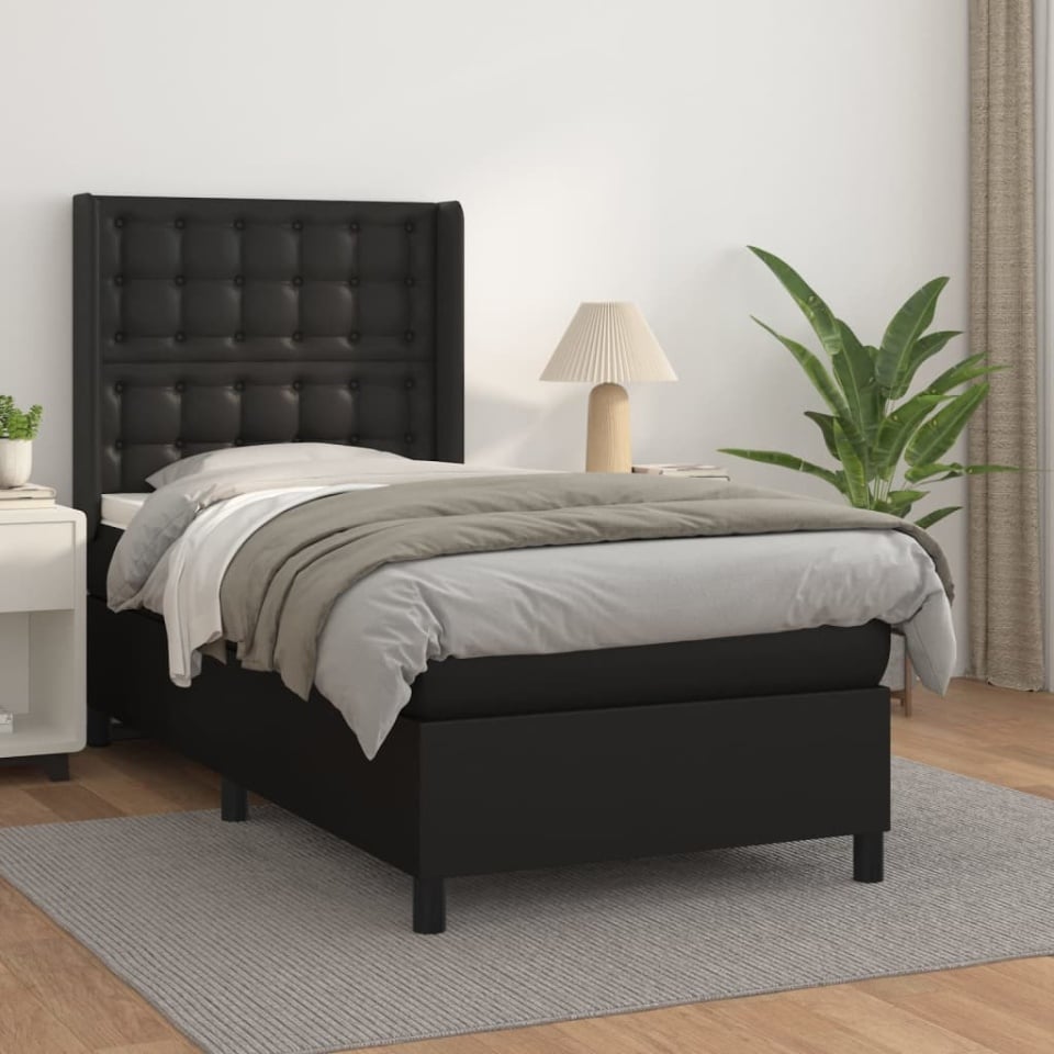 Pat continental cu saltea, negru, 80x200 cm, piele ecologică