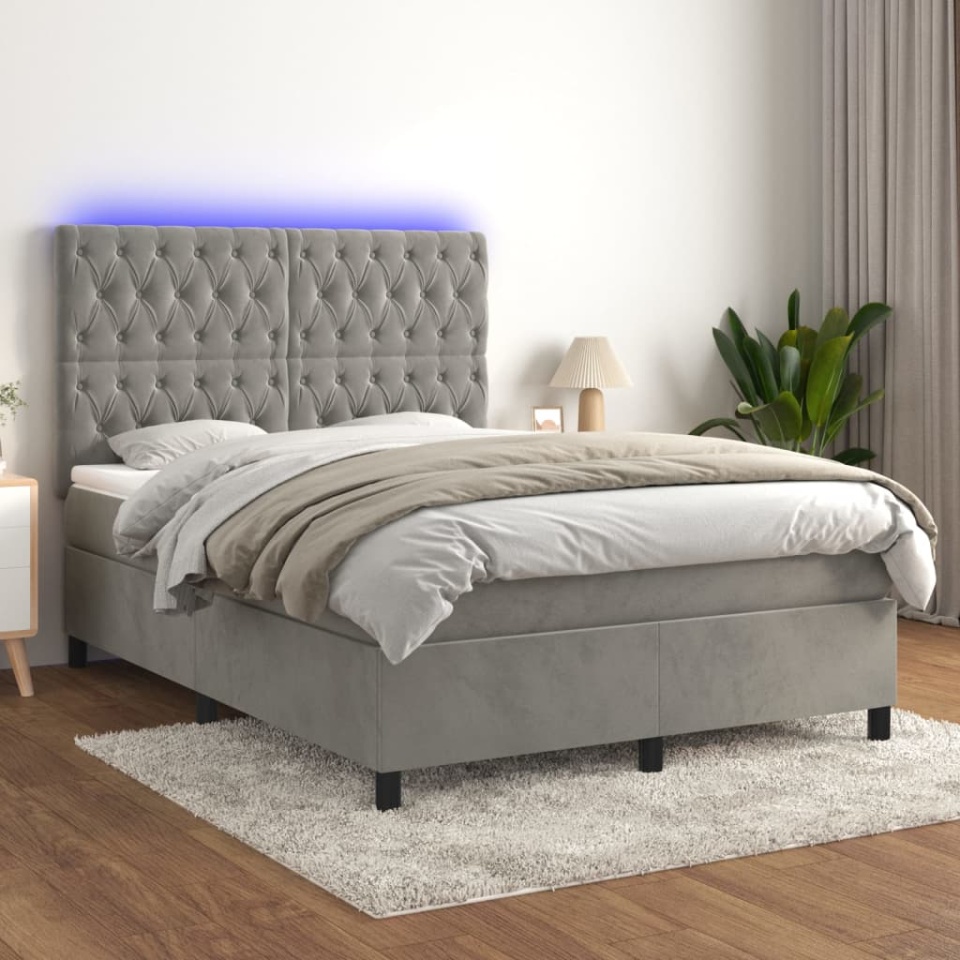 Pat continental cu saltea și LED gri deschis 140x190 cm catifea