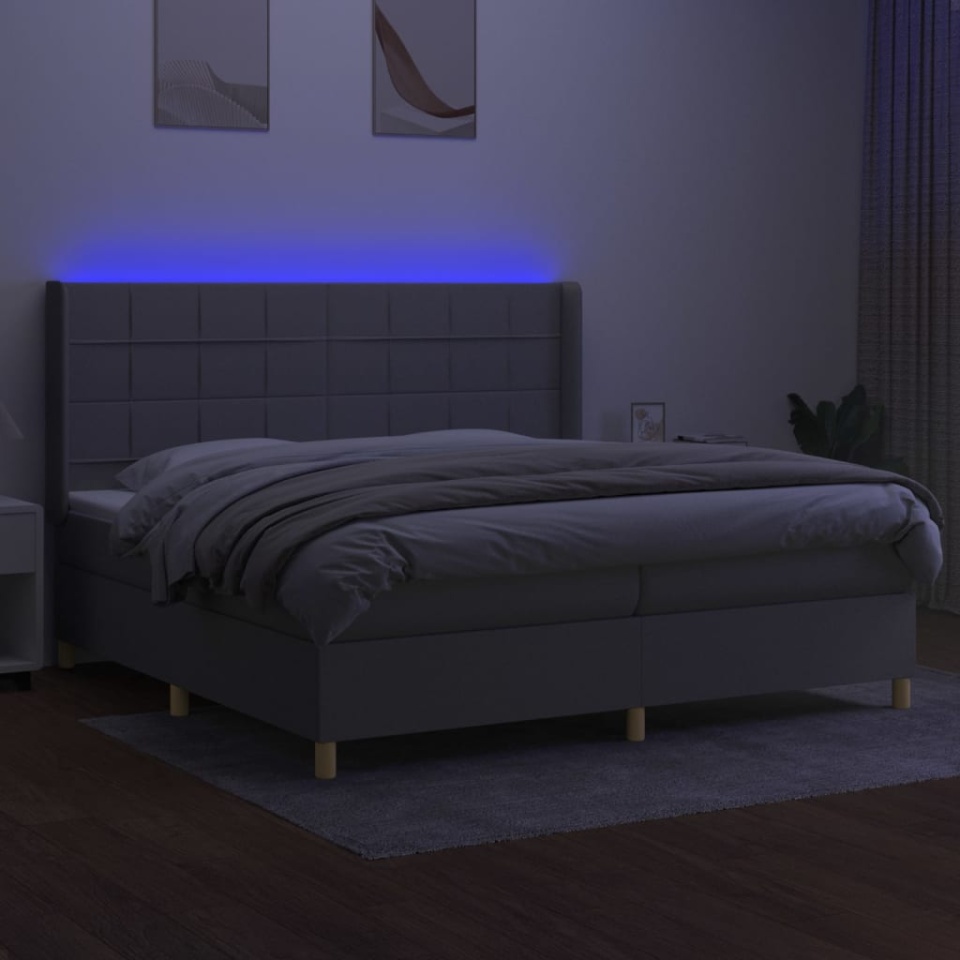 Pat cu arcuri, saltea și LED, gri deschis, 200x200 cm, textil - 2 | YEO