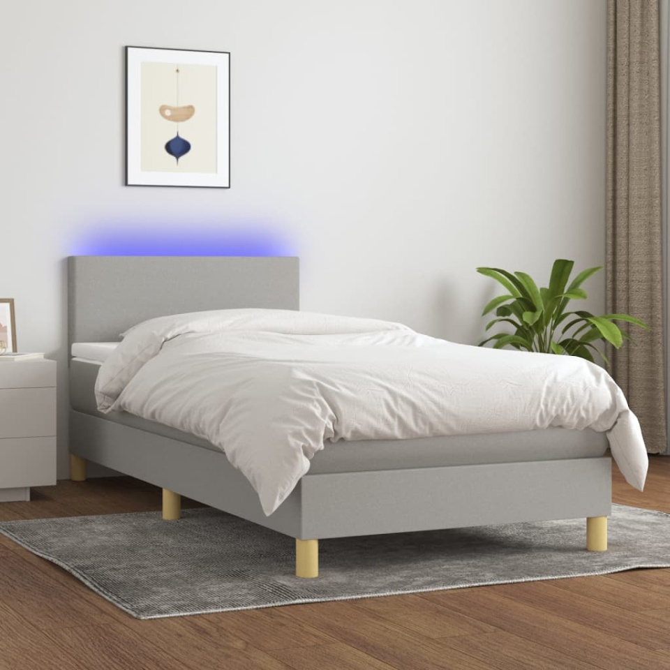 Pat cu arcuri, saltea și LED, gri deschis, 80x200 cm, textil