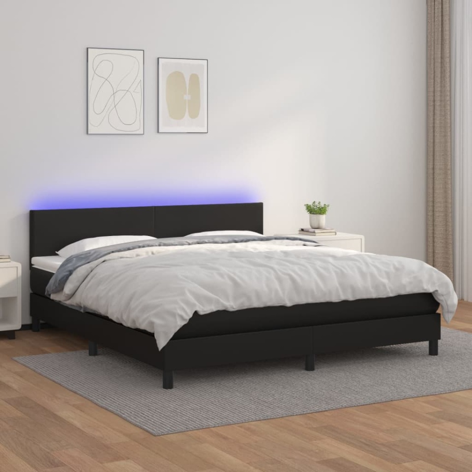 Pat cu arcuri, saltea și LED, negru, 180x200cm, piele ecologică