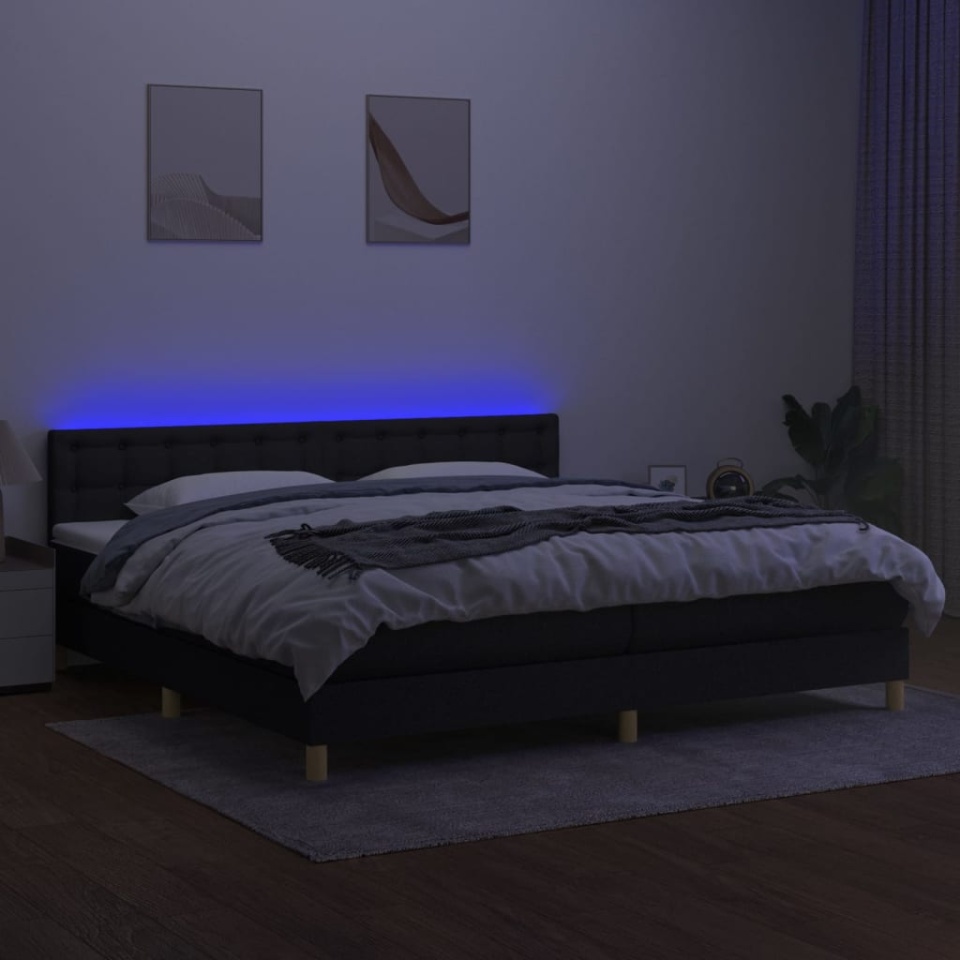 Pat cu arcuri, saltea și LED, negru, 200x200 cm, textil - 3 | YEO