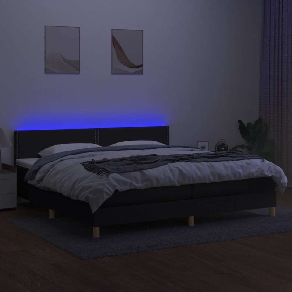 Pat cu arcuri, saltea și LED, negru, 200x200 cm, textil - 2 | YEO