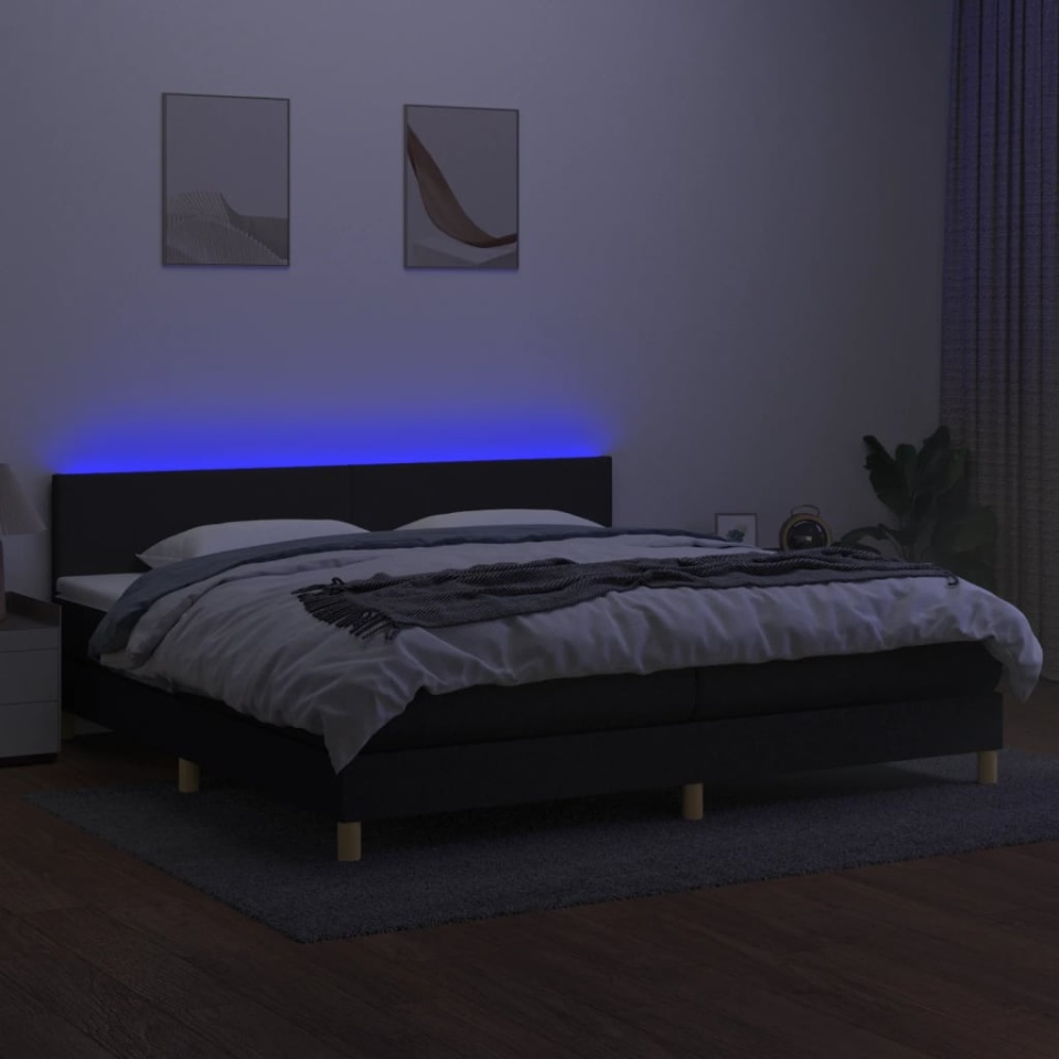 Pat cu arcuri, saltea și LED, negru, 200x200 cm, textil - 3 | YEO