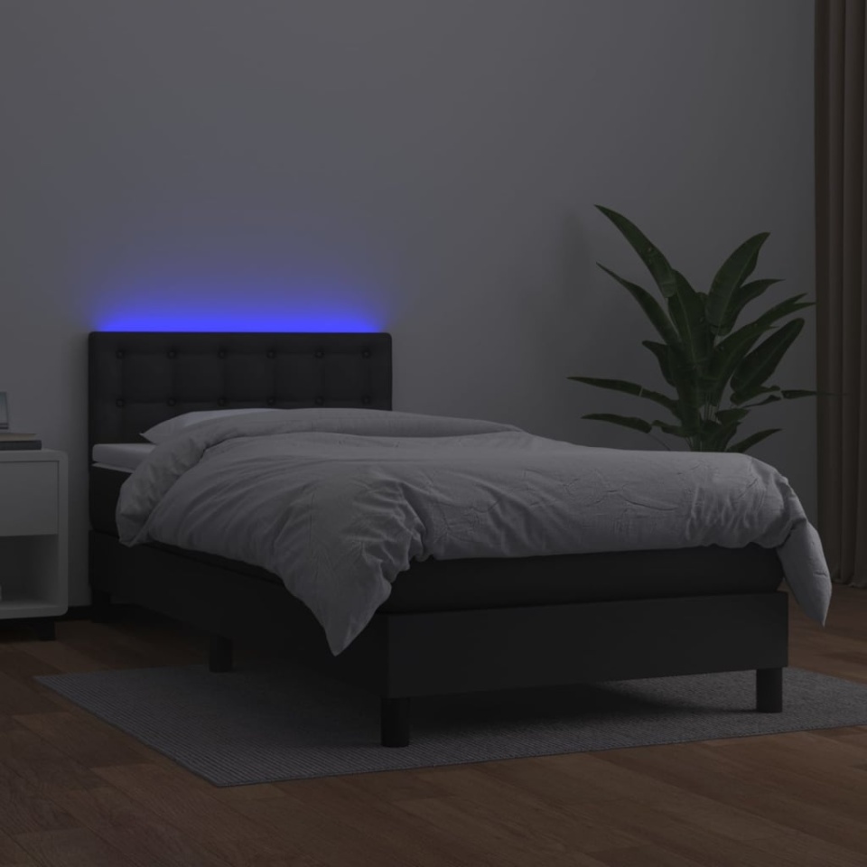 Pat cu arcuri, saltea și LED, negru, 90x190 cm, piele ecologică - 3 | YEO