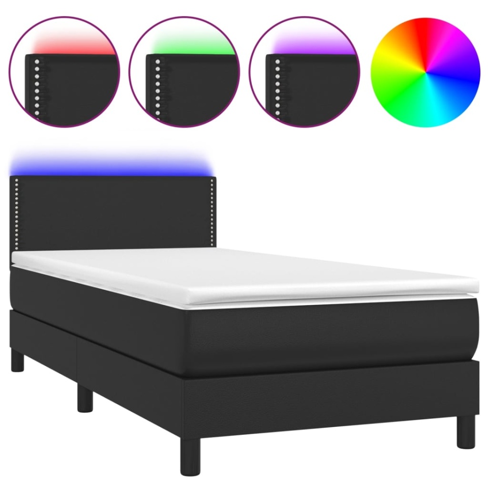 Pat cu arcuri, saltea și LED, negru, 90x190 cm, piele ecologică - 1 | YEO