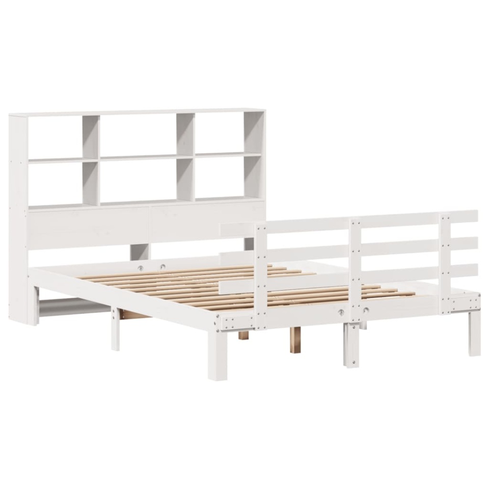 Pat cu bibliotecă fără saltea, alb, 140x190 cm, lemn masiv pin - 2 | YEO