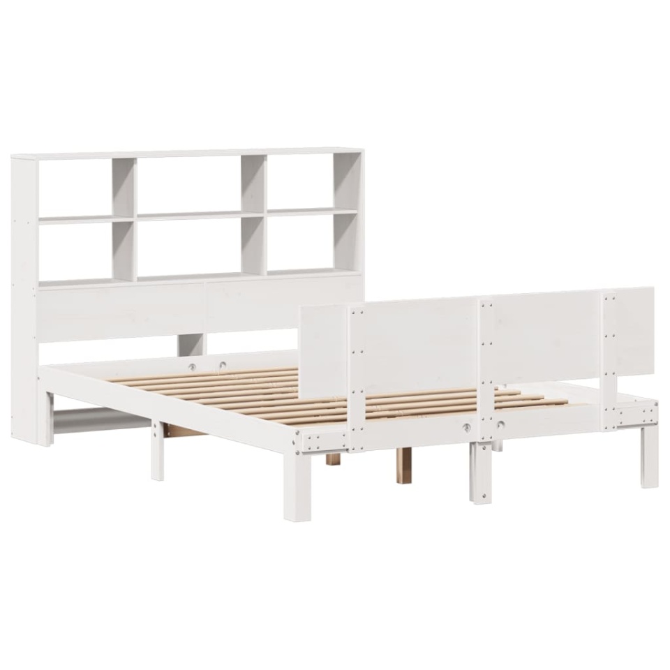 Pat cu bibliotecă fără saltea, alb, 140x190 cm, lemn masiv pin - 2 | YEO