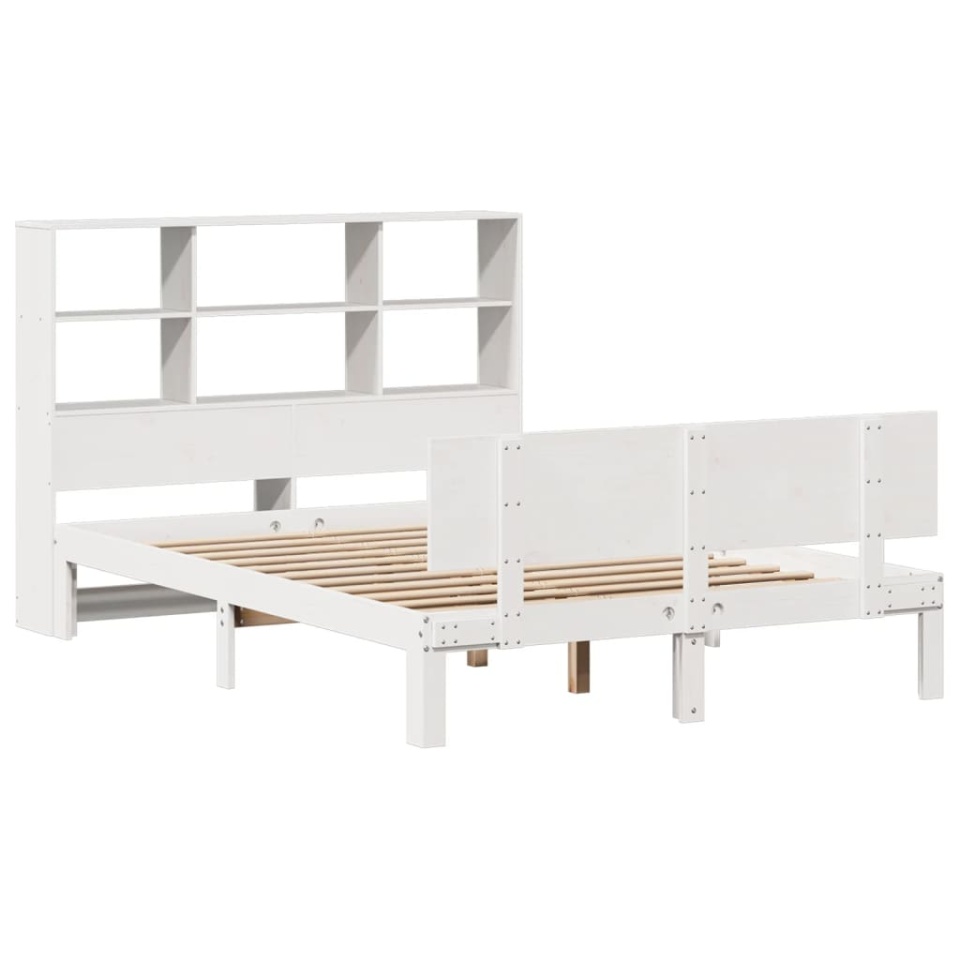 Pat cu bibliotecă fără saltea, alb, 160x200 cm, lemn masiv pin - 2 | YEO