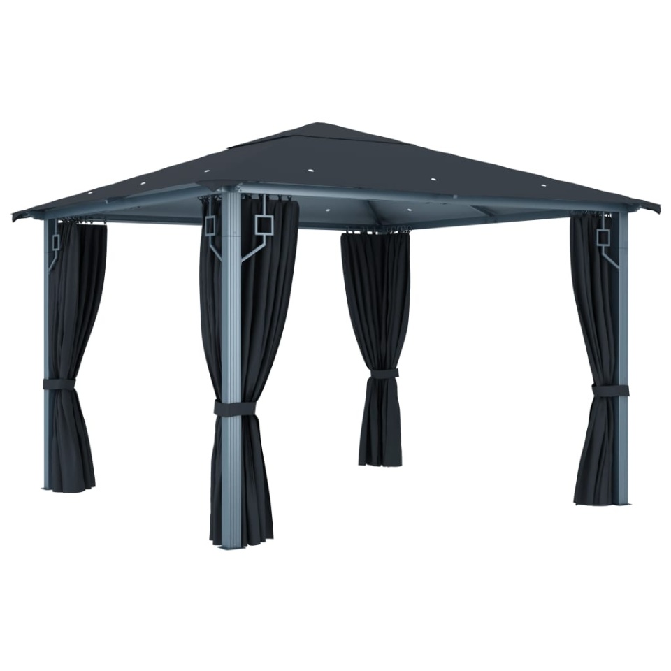 Pavilion cu perdele & șiruri lumini LED antracit 3x3 m aluminiu - 2 | YEO