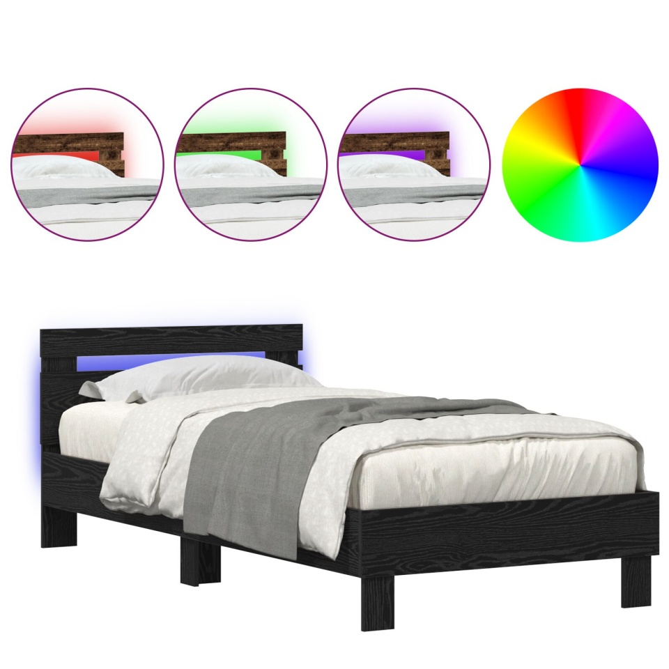Rama pat cu lumini LED Negru Stejar 90x200 cm Lemn îmbinat - 3 | YEO