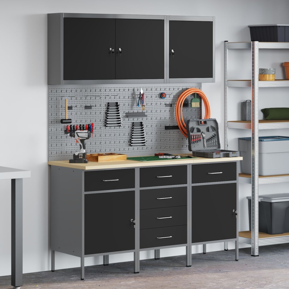 Set birou și tablă pegboard , 8 piese, MDF negru și metal