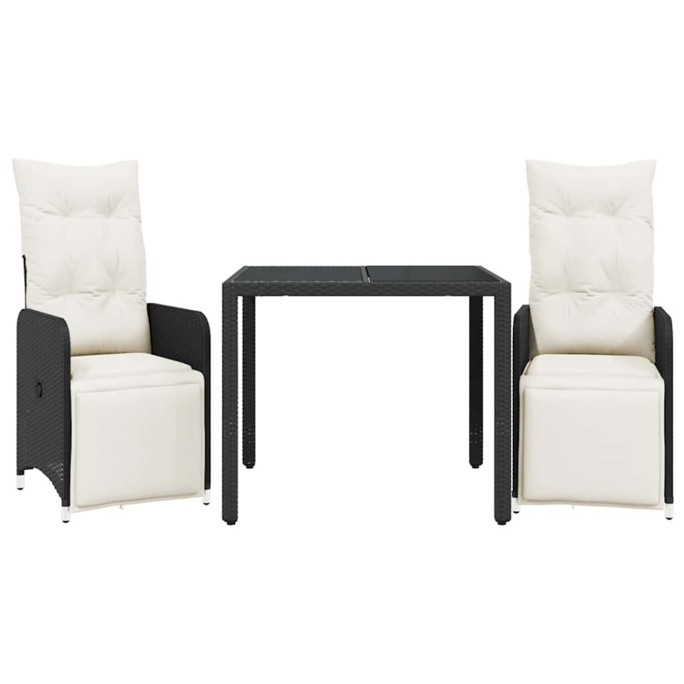 Set bistro de grădină cu perne, 3 piese, negru, poliratan - 1 | YEO