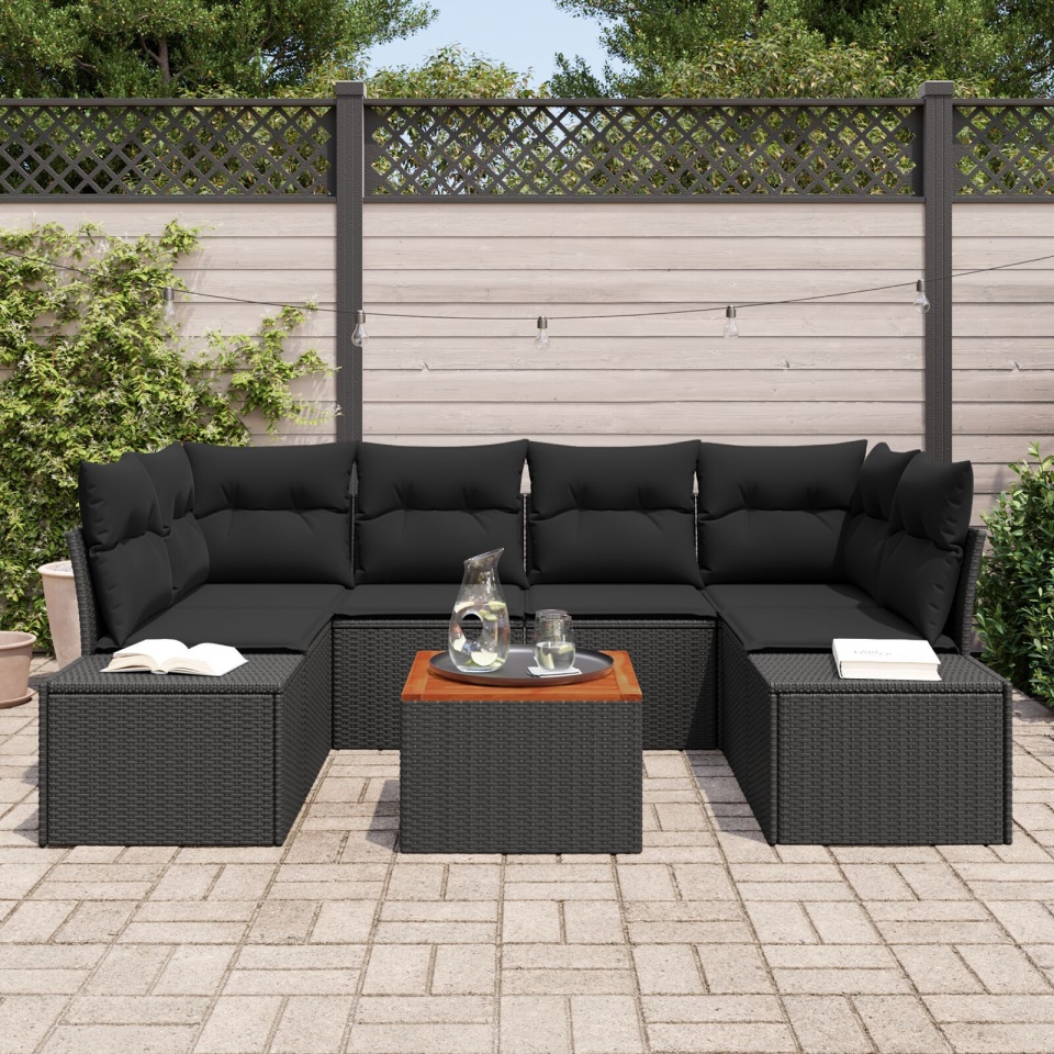 Set canapea grădină 7 piese și perne, Negru, Poliratan, Acacia - 2 | YEO
