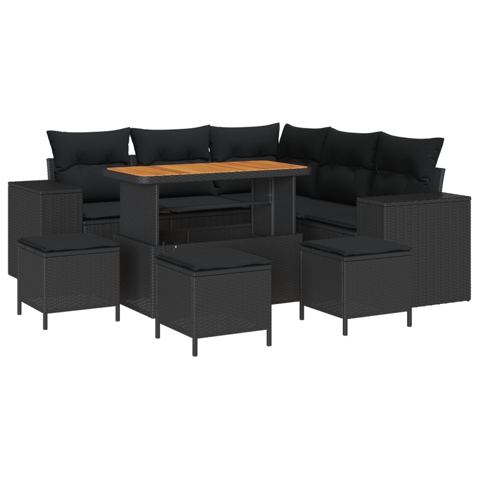 Set Canapea Grădină 8 Piese cu Perne Negru Poliratan Acacia, Set Dining Grădină 3 Piese cu Perne Negru Poliratan Acacia - 1 | YEO