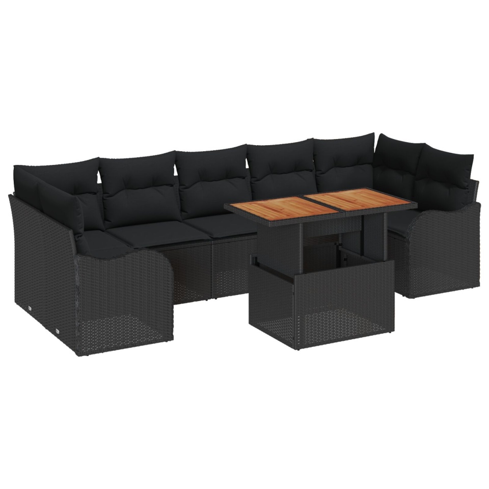 Set Canapea Grădină 8 Piese și Perne Negru Ratan Poli Acacia, Canapea Grădină 2 Piese și Perne Negru Ratan Poli - 1 | YEO