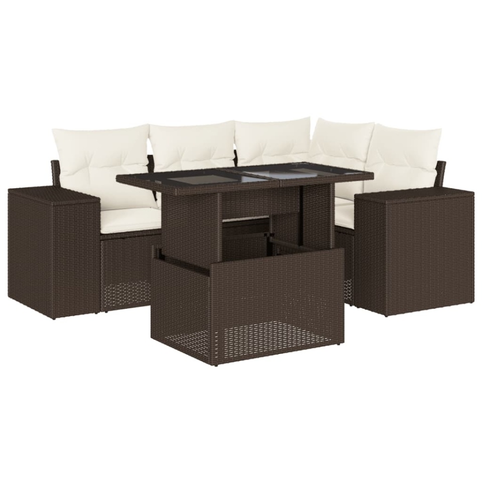 Set canapele de grădină cu perne, 5 piese, maro, poliratan - 1 | YEO