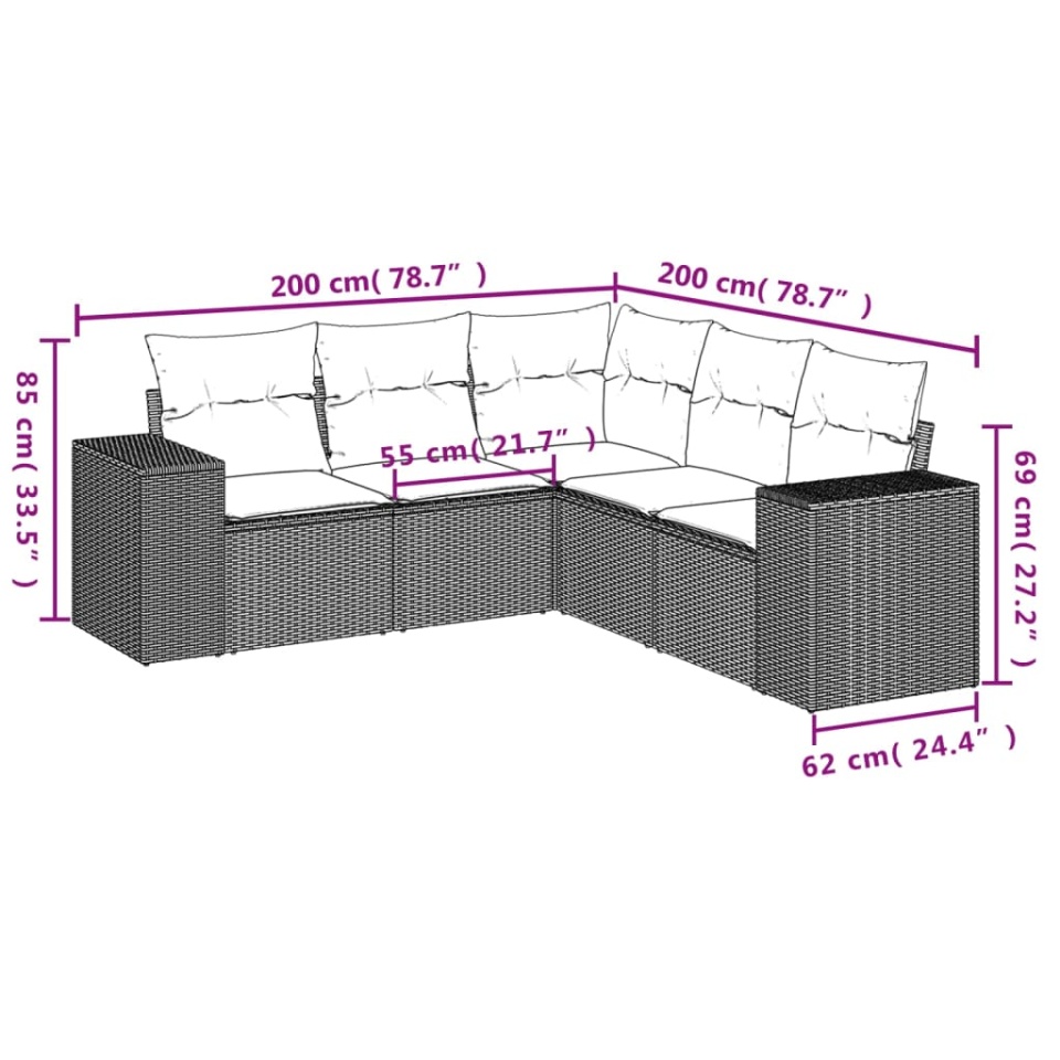 Set canapele de grădină cu perne, 5 piese, maro, poliratan - 2 | YEO