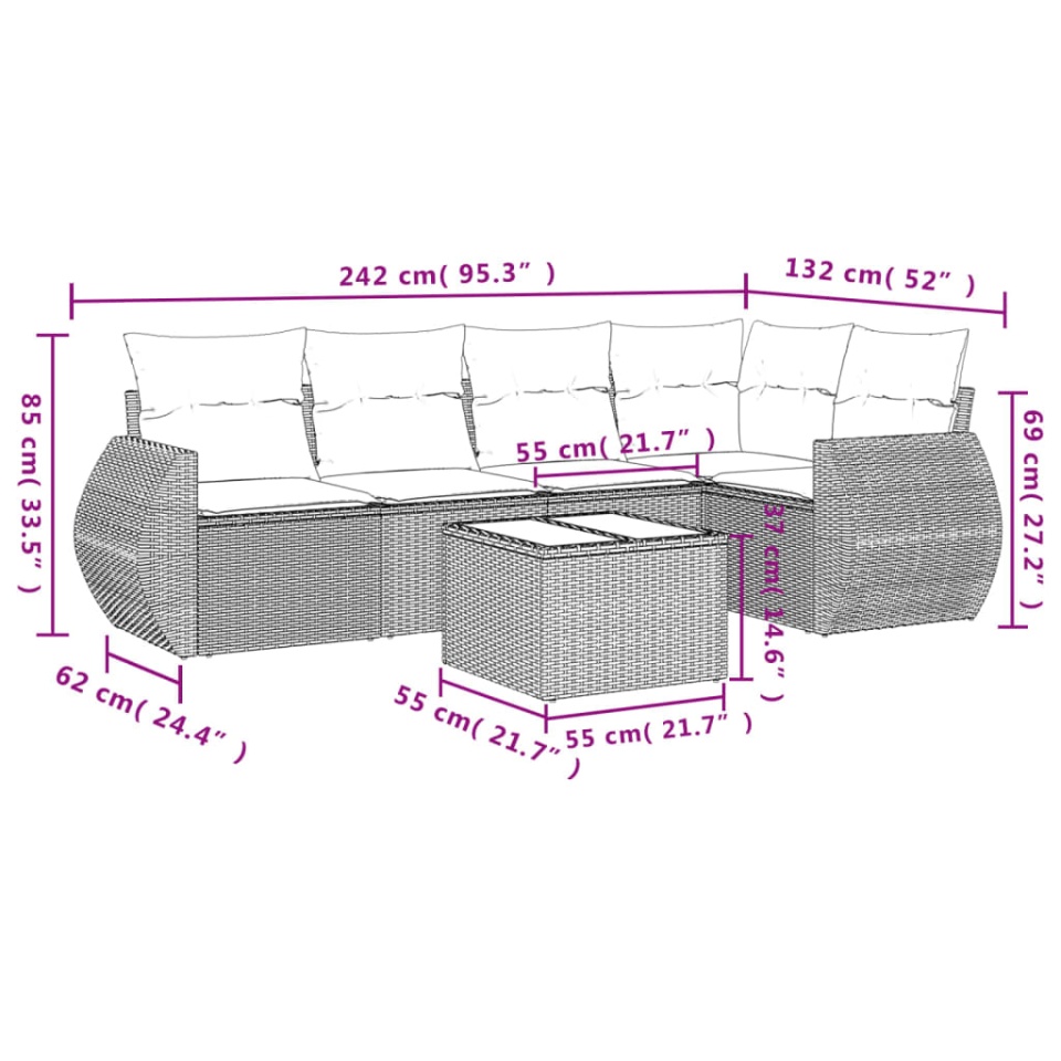 Set canapele de grădină cu perne, 6 piese, maro, poliratan - 2 | YEO