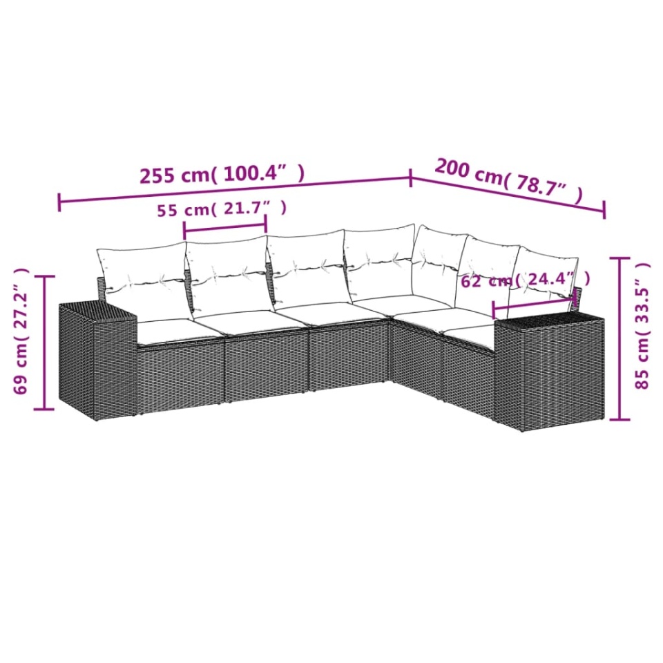 Set canapele de grădină cu perne, 6 piese, maro, poliratan - 2 | YEO