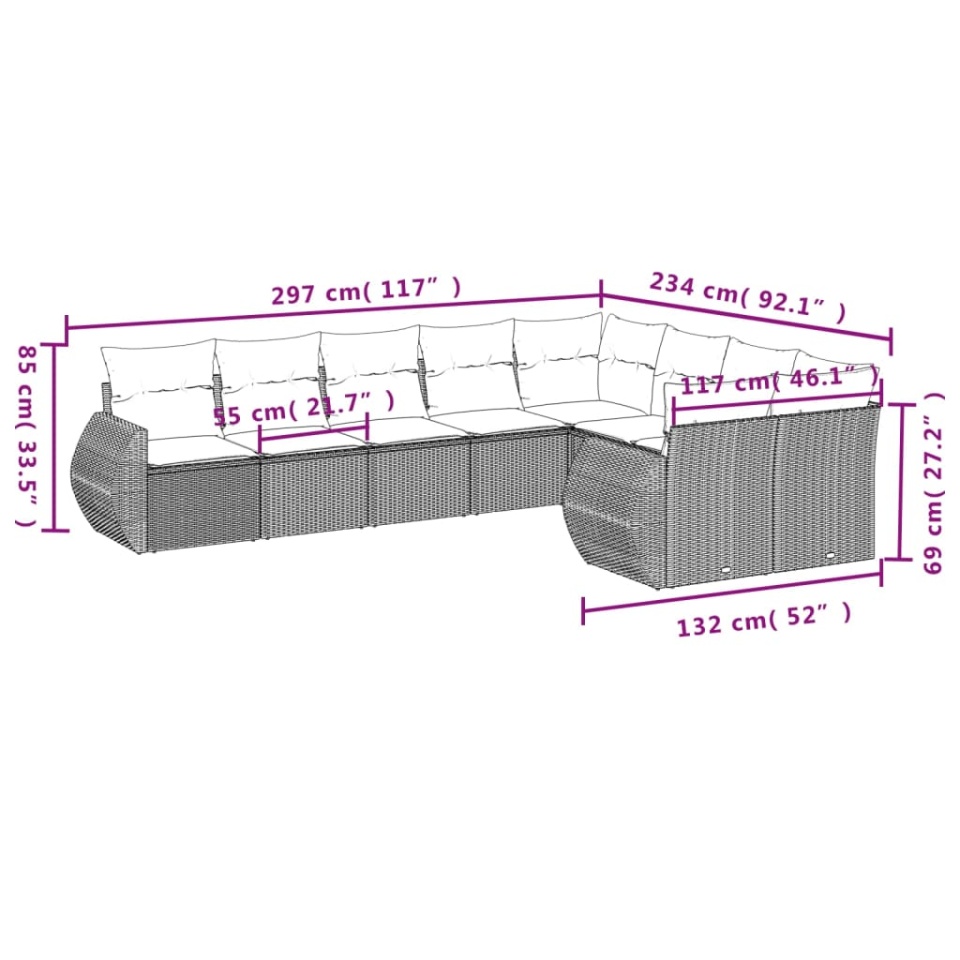 Set canapele de grădină cu perne, 9 piese, maro, poliratan - 2 | YEO