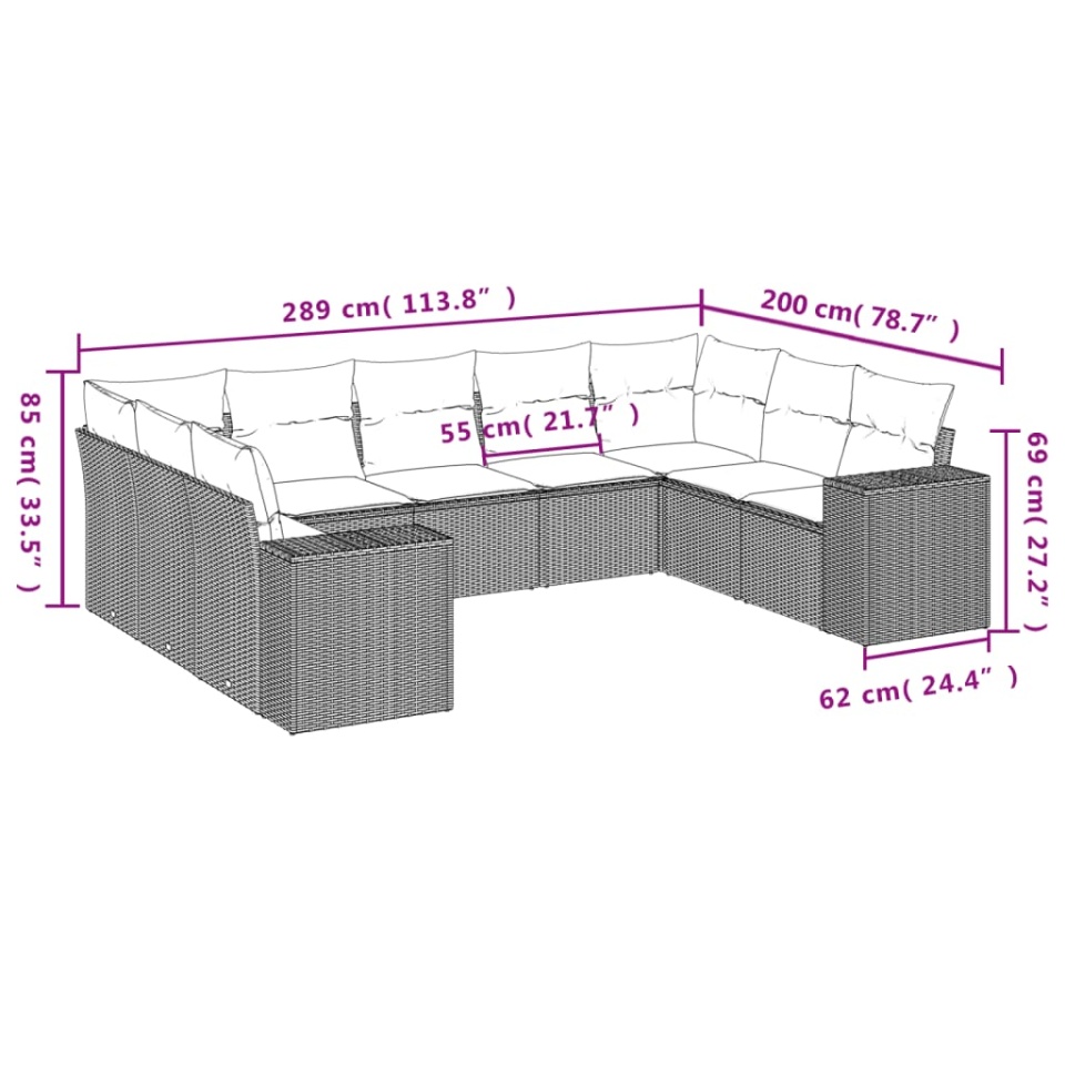 Set canapele de grădină cu perne, 9 piese, maro, poliratan - 2 | YEO