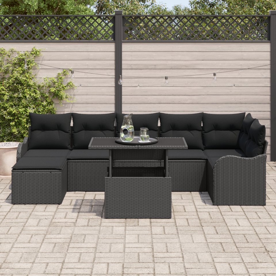 Set canapele grădină 8 piese perne Ratan poli negru, Canapea grădină 2 locuri perne Ratan poli negru - 2 | YEO