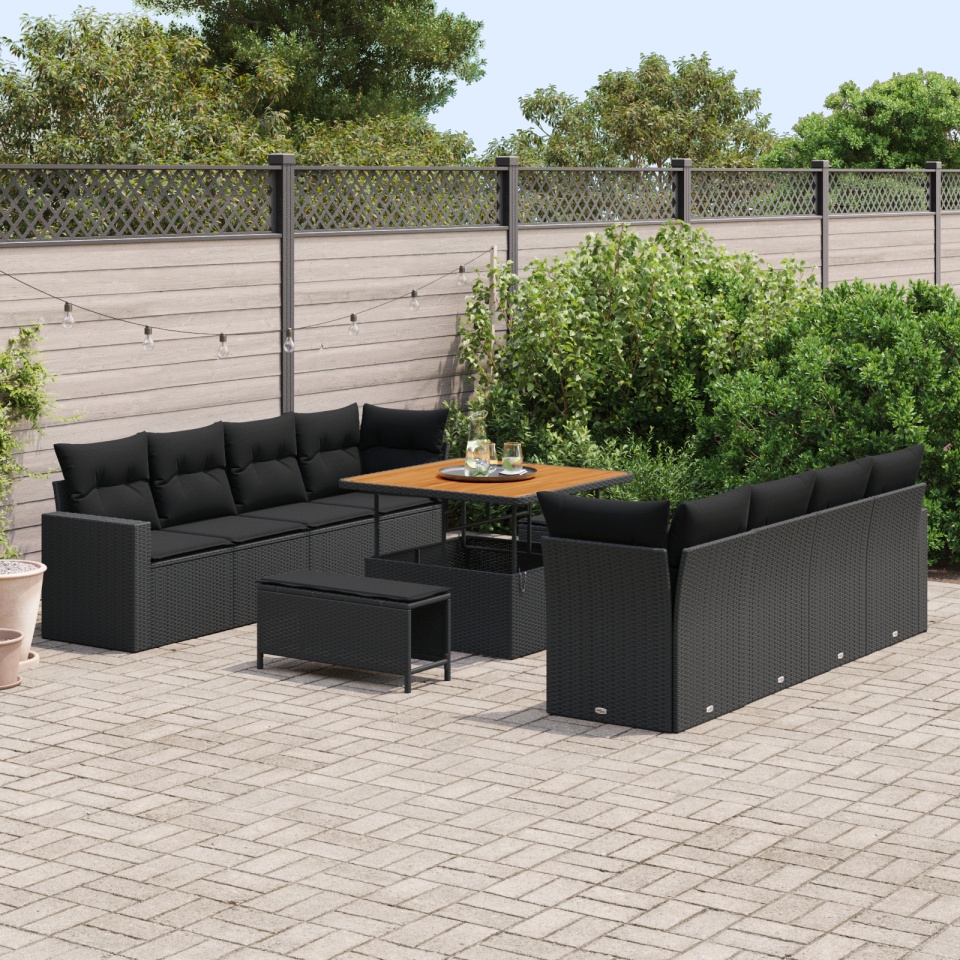 Set de 11 Piese pentru Grădină cu Perne Negru Rattan Poliesteric Acacia, Set de Masă și Canapea de Grădină cu Perne Negru Rattan Poliesteric Acacia - 2 | YEO