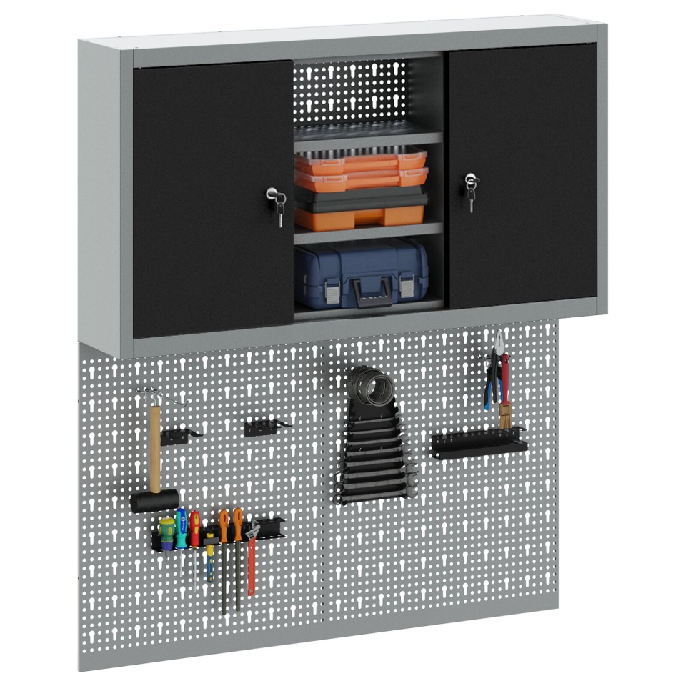 Set de Birou cu 3 Piese și Panou pentru Unelte Montat pe Perete Metal Negru - 2 | YEO