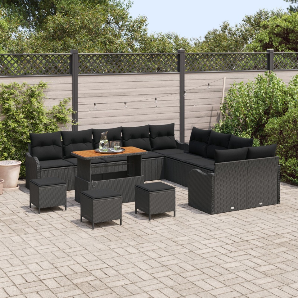 Set de Canapea pentru Grădină de 14 piese cu Perne Negru Poliratan Acacia, Canapea de Grădină cu 2 locuri și Perne Negru Poliratan, Set de Dining pentru Grădină de 4 piese cu Perne Negru Poliratan Acacia - 2 | YEO