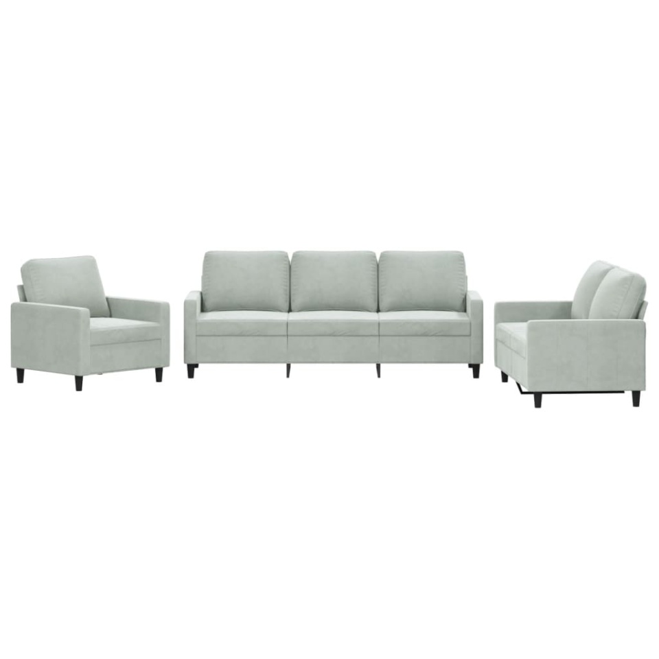 Set de canapele cu perne, 3 piese, gri deschis, catifea - 1 | YEO
