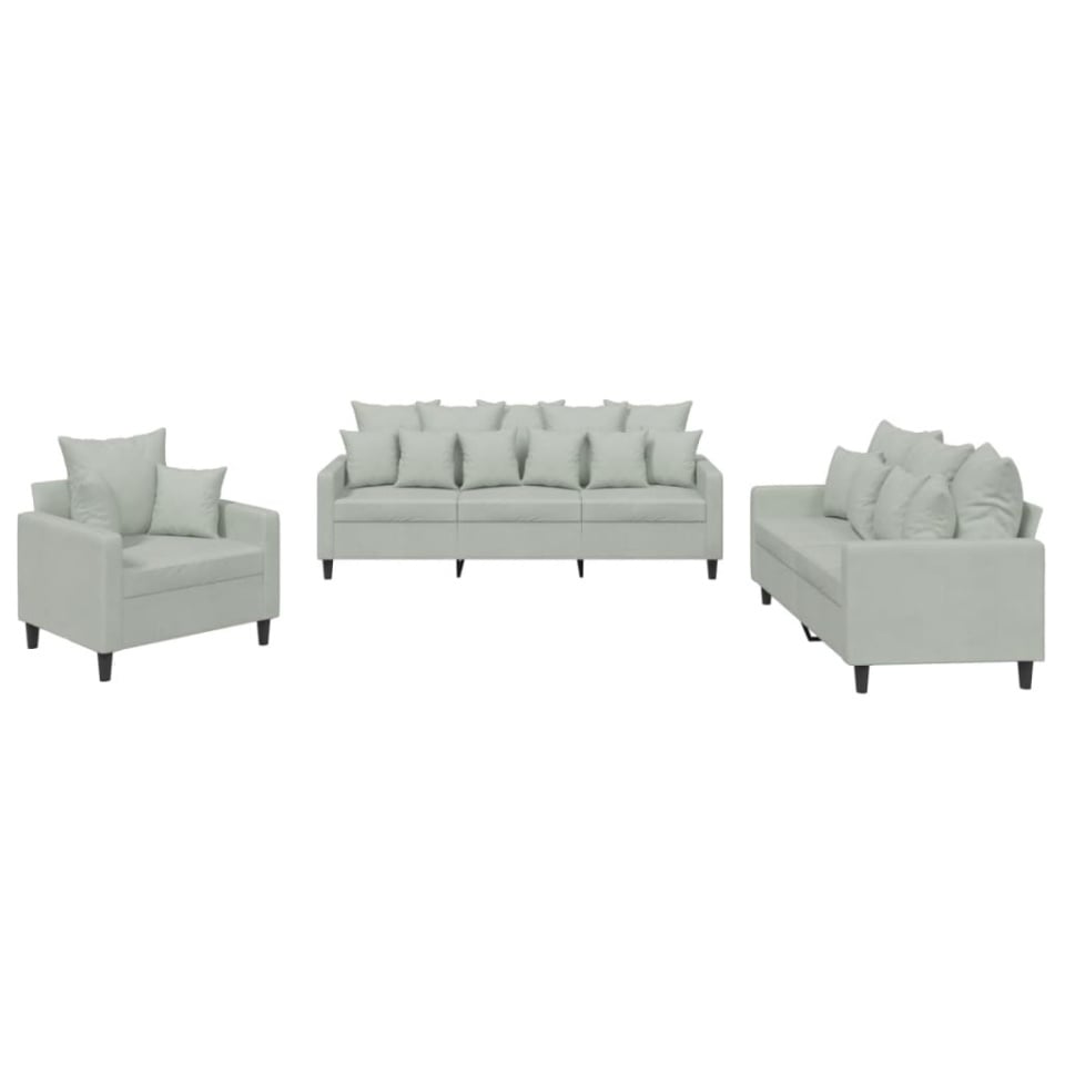 Set de canapele cu perne, 3 piese, gri deschis, catifea - 1 | YEO