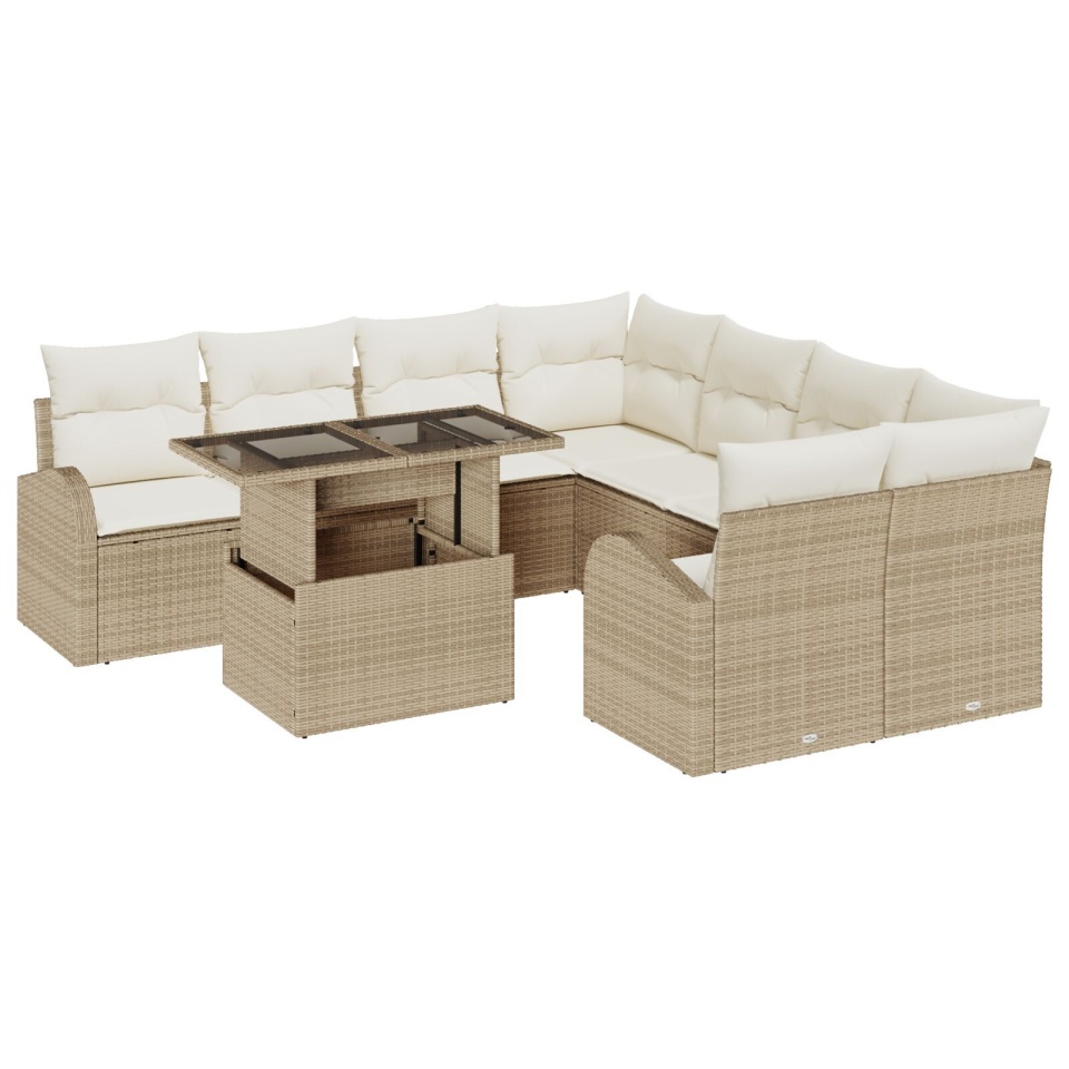 Set de Canapele pentru Grădină 9 Piese cu Perne Bej Ratan Poly, Canapea Grădină pentru 2 Persoane cu Stocare & Perne Bej Ratan Poly - 1 | YEO