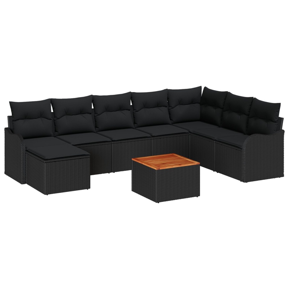 Set de Canapele pentru Grădină 9 Piese cu Perne Negru Ratan Polimer Acacia, Canapea pentru Grădină cu Capacitate de 2 Persoane Negru Ratan Polimer - 1 | YEO