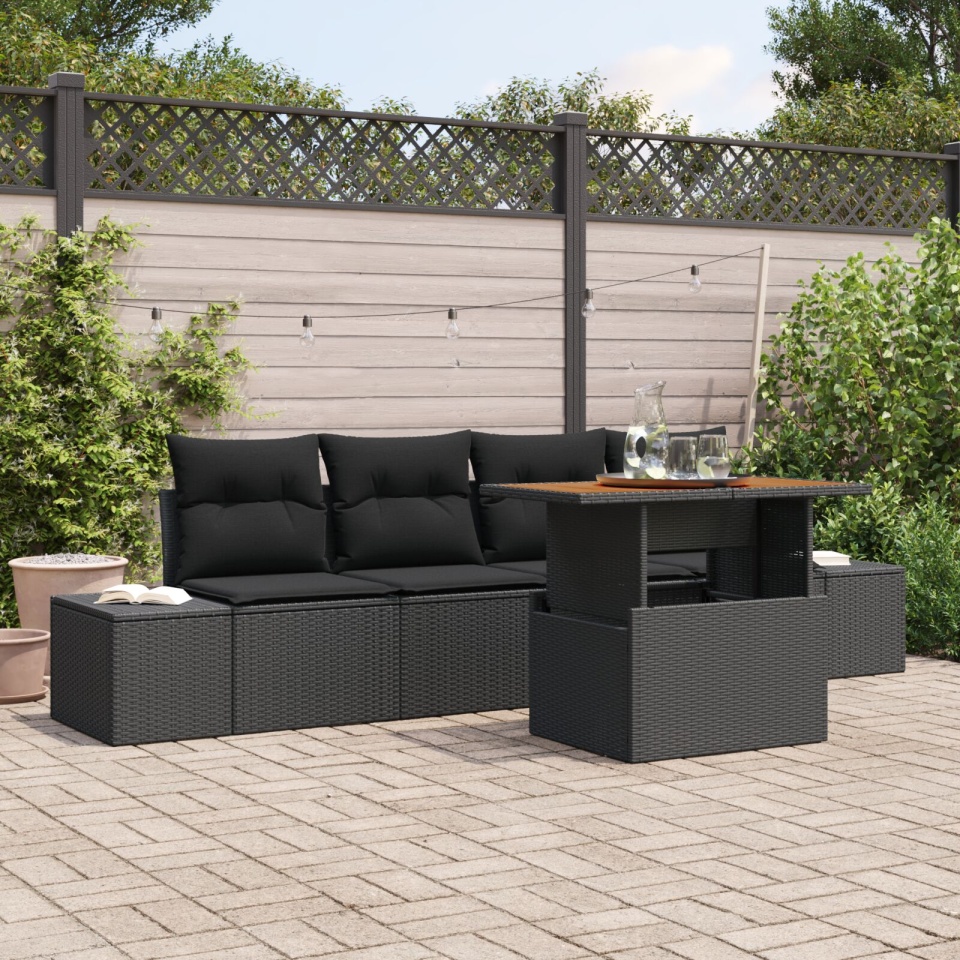 Set de canapele pentru grădină Set de 5 Negru Ratan, Țesătură