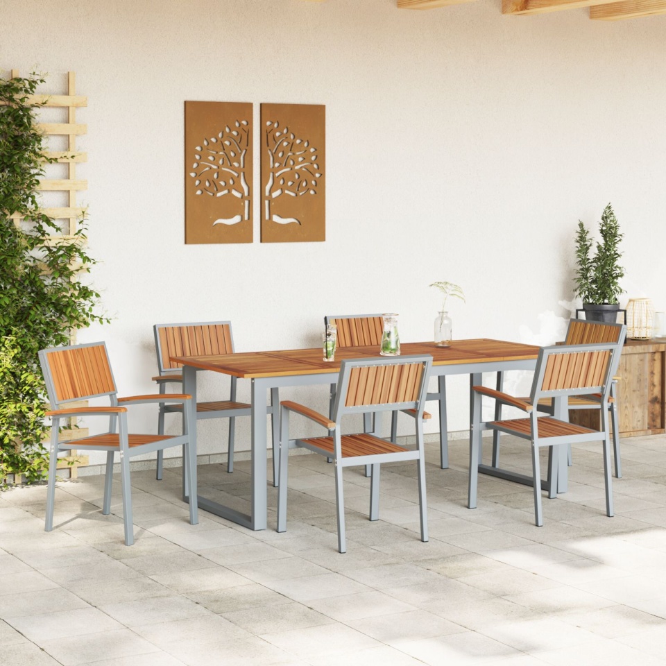 Set de dining de grădină 7 piese Gri din oțel și lemn de acacia - 3 | YEO