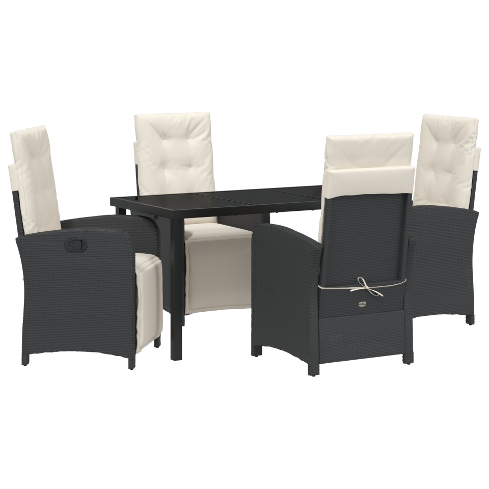 Set de dining în grădină cu 5 piese și perne din rattan poli negru, Masă de grădină neagră 140x80x73 cm din sticlă securizată - 1 | YEO