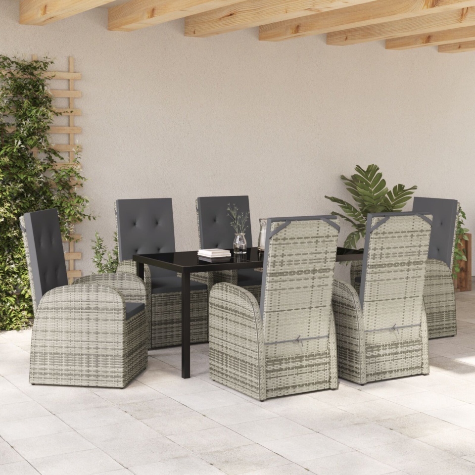 Set de dining pentru grădină 7 piese cu perne Gri din poliratan - 3 | YEO