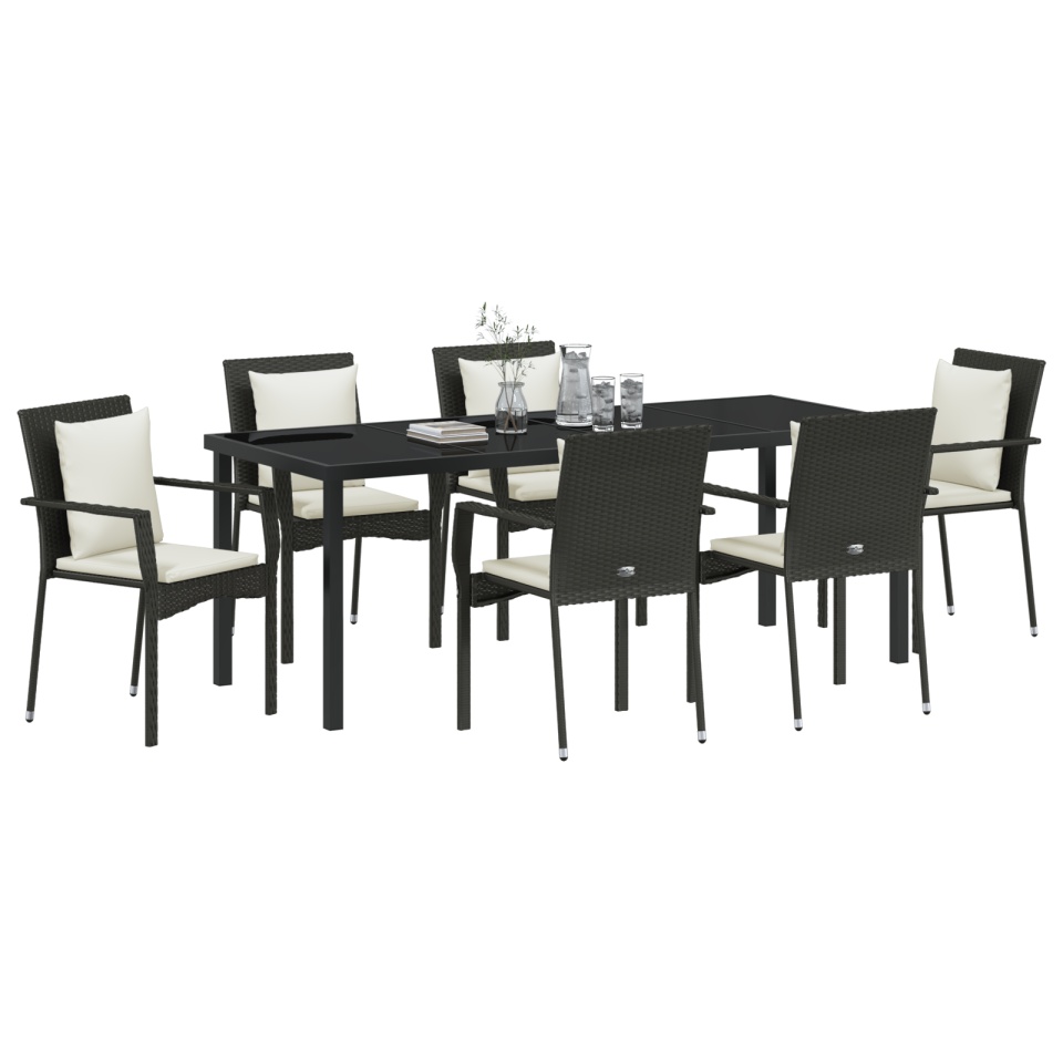 Set de dining pentru grădină cu 7 piese cu perne Negre Poliratan - 2 | YEO