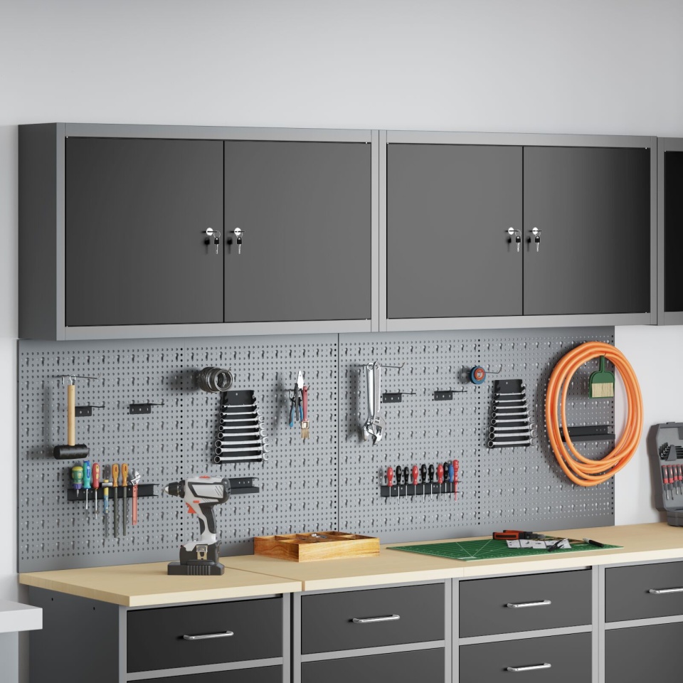 Set de dulapuri și panouri cu cuiuri de 6 piese montat pe perete Negru Metal