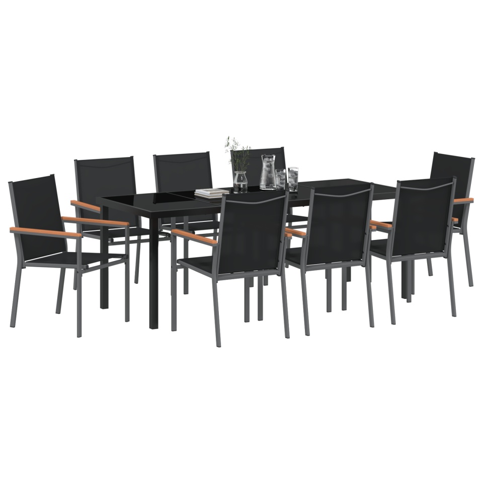Set de grădină pentru luat masa , 9 piese, Negru, Textilenă și Oțel - 2 | YEO