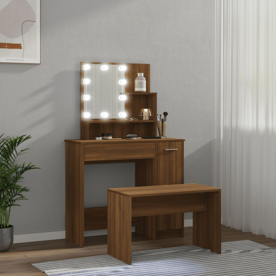 Set de masă de toaletă cu LED, stejar maro, lemn prelucrat - 3 | YEO