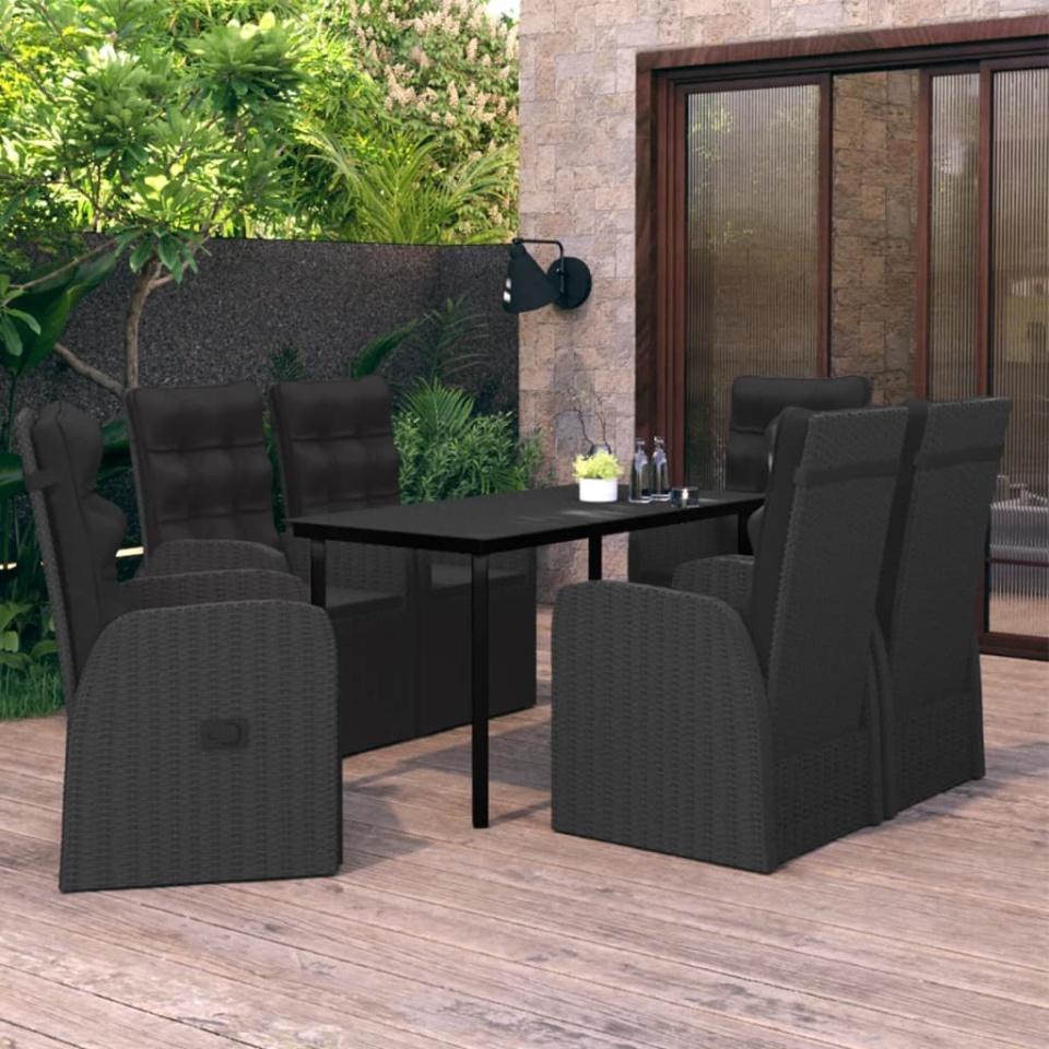 Set de masă pentru grădină, 7 piese, cu perne, negru