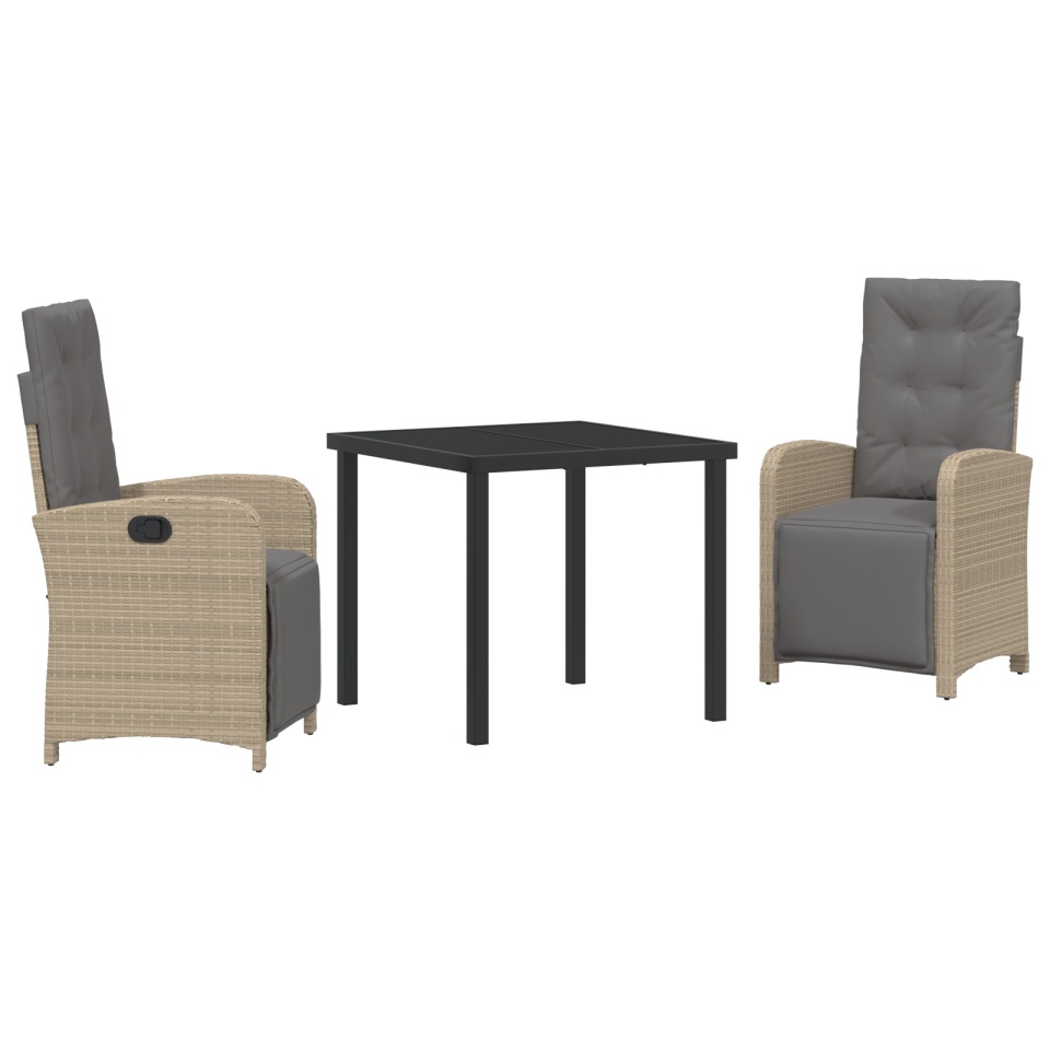 Set de Masă pentru Grădină cu 3 Piese și Perne Ratan Poli Bej, Masă pentru Grădină Neagră 80x80x73 cm Sticlă Temperată - 1 | YEO