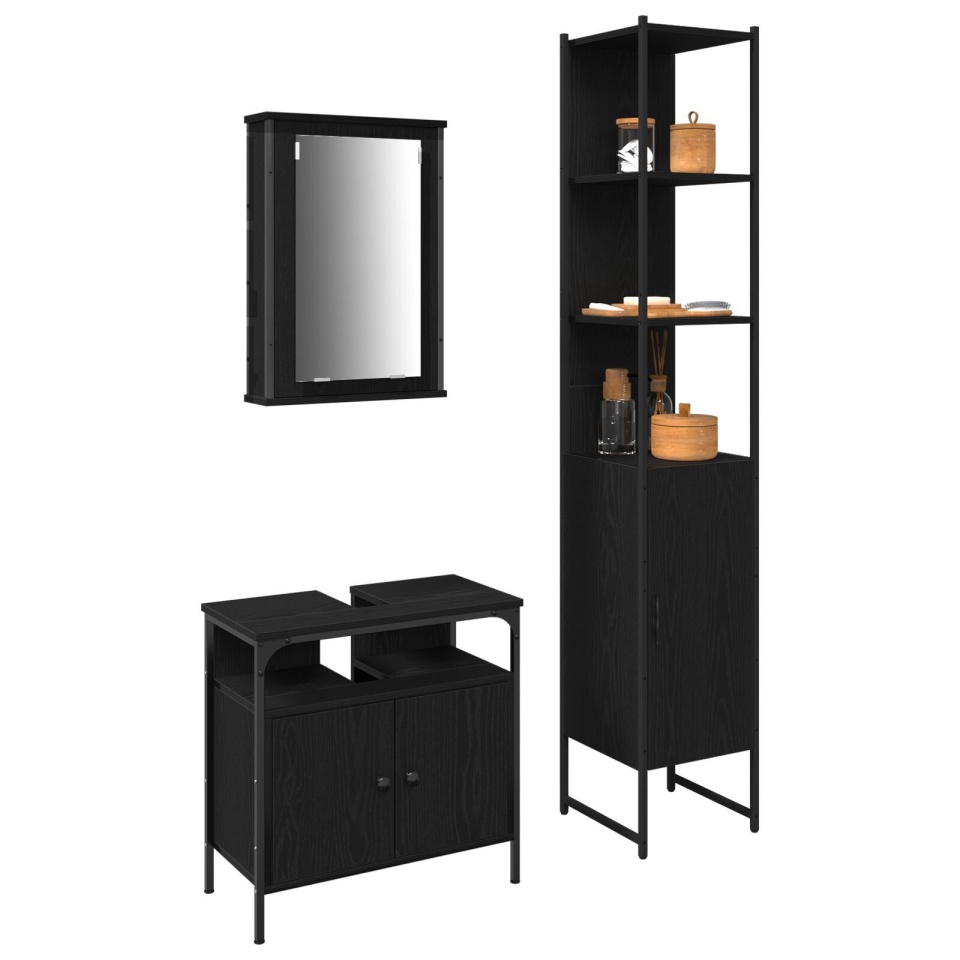 Set de mobilă pentru baie 3 piese Negru Stejar Lemn prelucrat - 2 | YEO