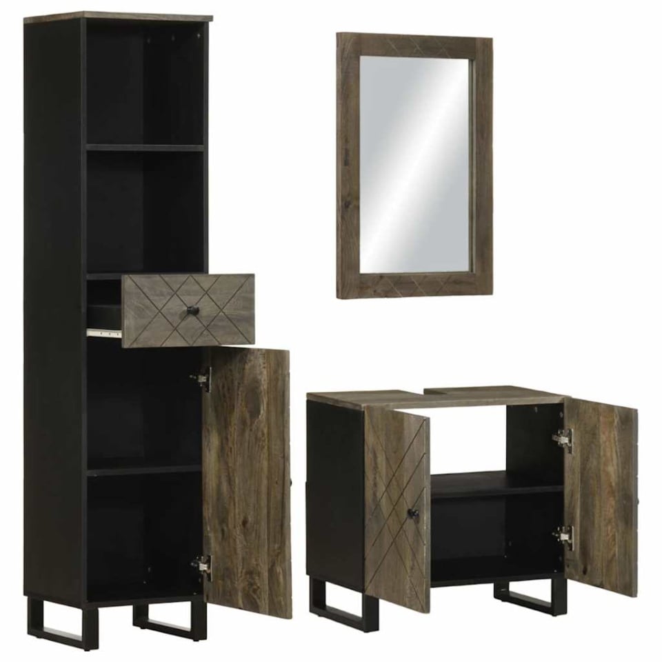 Set de mobilier de baie 3 piese din lemn masiv de mango negru