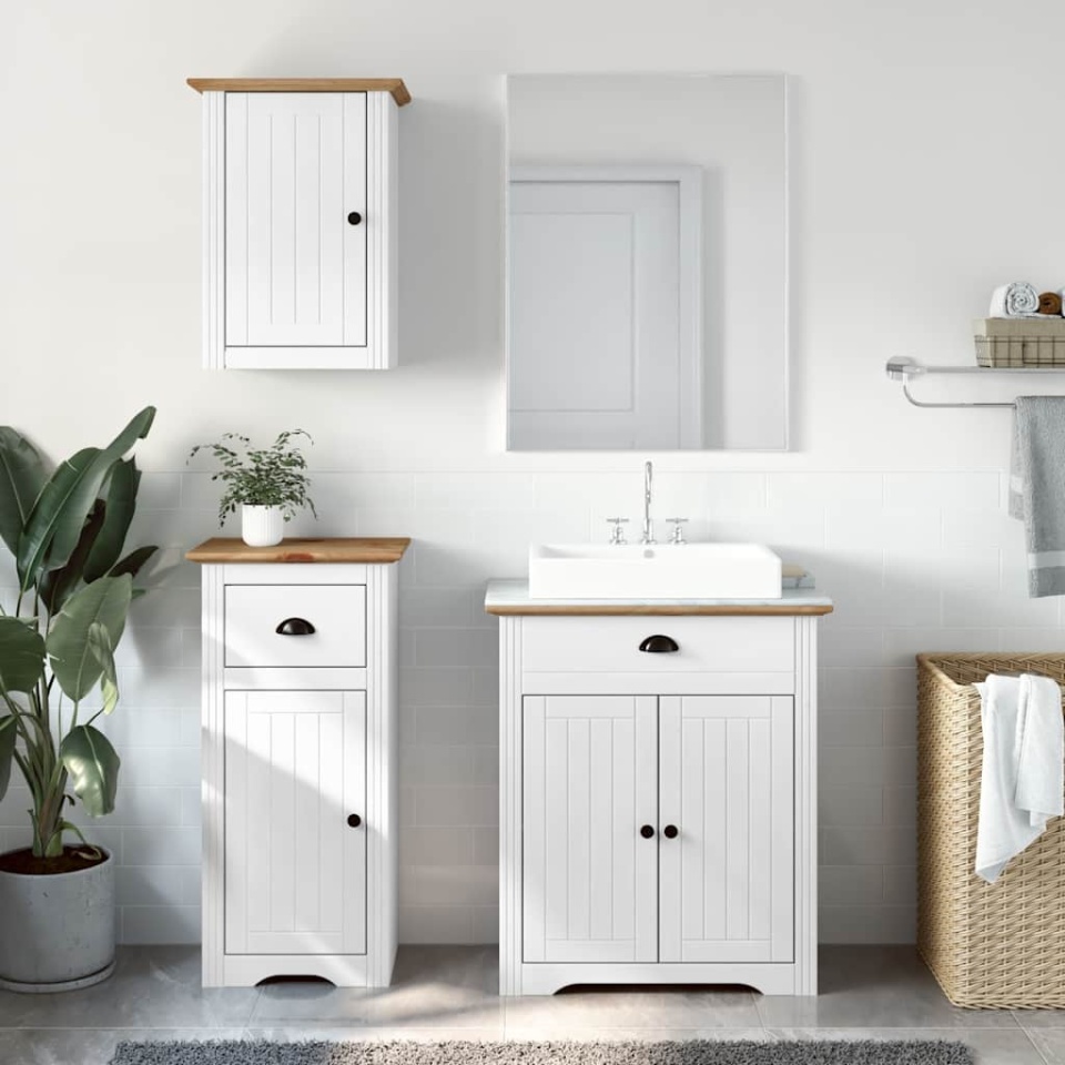 Set de mobilier de baie 3 piese lemn masiv de pin alb și maro - 2 | YEO