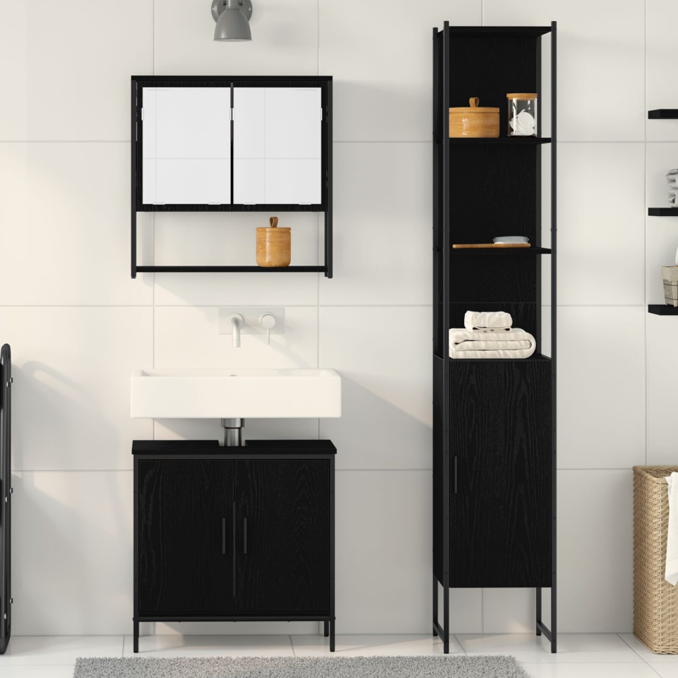 Set de Mobilier pentru Baie 3 Piese Negru Stejar Lemn Prelucrat - 3 | YEO