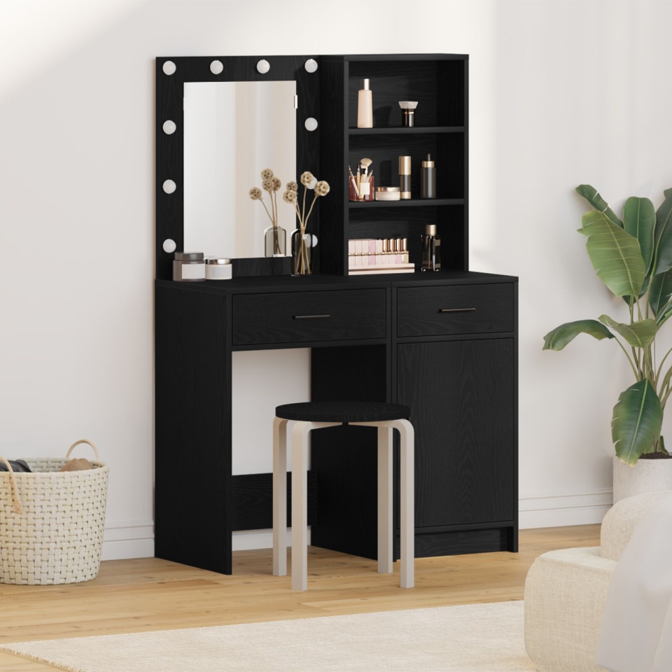 Set de oglindă de toaletă 2 piese cu LED Negru din lemn prelucrat