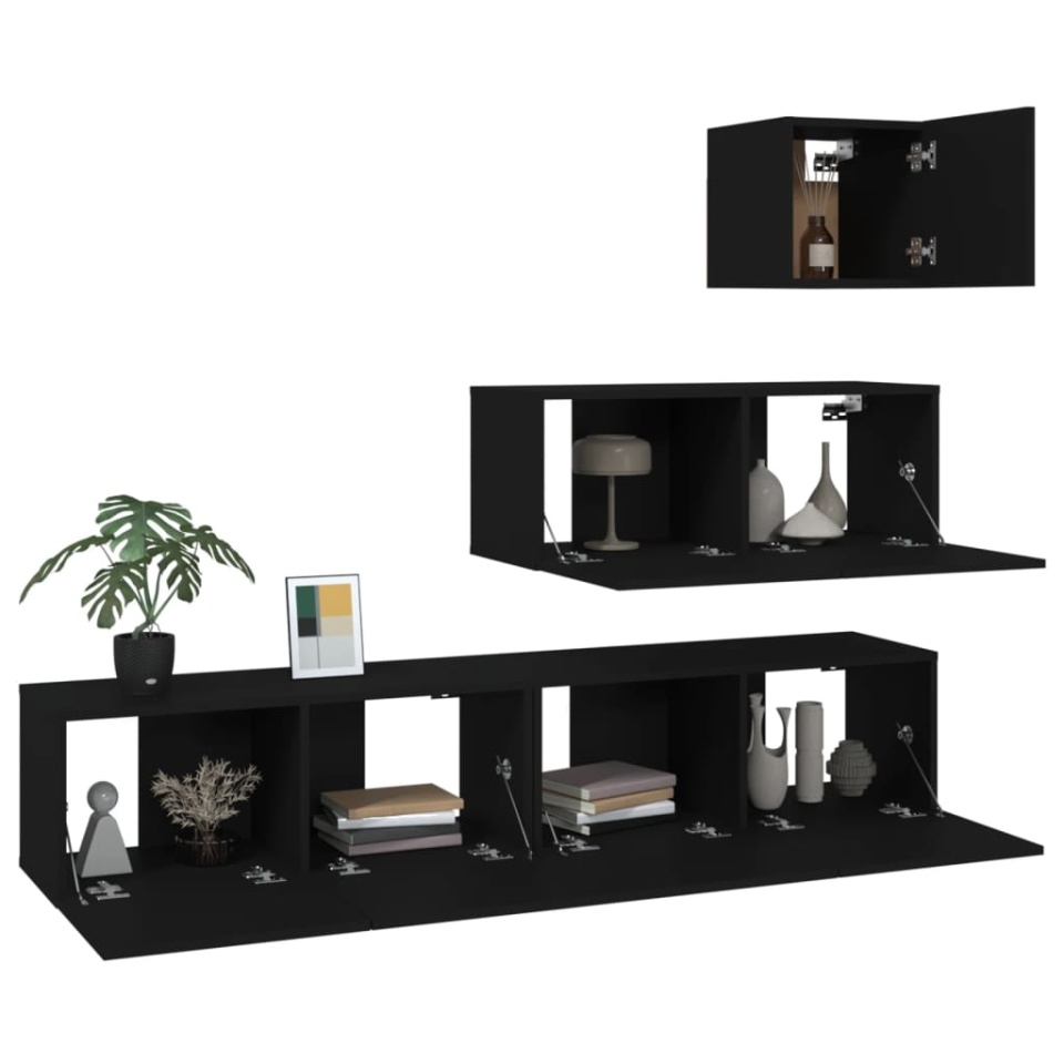 Set dulap TV, 4 piese, negru, lemn prelucrat - 3 | YEO